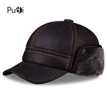 Pudi Men's Scrub Genuine Leather Baseball Caps Hats Faux Fur Winter Warm Ear Flap Hat / Cap Black Brown Camel HL083 2024 - buy cheap