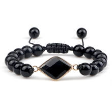 Pulsera minimalista de piedra negra Natural para hombre y mujer, brazalete trenzado hecho a mano con cuentas de rombos de 8mm, joyería de Yoga 2024 - compra barato