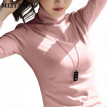 Camiseta feminina branca casual, gola alta, manga longa, stretch coreana, outono 2019 2024 - compre barato