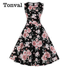 Tonval-vestido frente única com estampa floral, modelo 50s, vestido vintage em algodão, estilo retrô, gola redonda, sem mangas, verão, feminino 2024 - compre barato