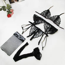 CDJLFH 4pcs Set Sexy Bra Panties Garters Net Stockings Lingerie Sets Lace Floral Perspective Push Up Underwear Bra Set For Women 2024 - buy cheap