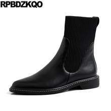 2021 Boots Genuine Leather Autumn Slip On Luxury Brand Shoes Women Fall Ankle Pointed Toe Thick Knit Fashion Block Chunky Black 2024 - buy cheap