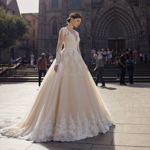 2021 Long Sleeves Champagne Wedding Dresses Lace Appliques V Neck Corset Lace Up Bridal Gowns Court Train Vestidos De Noiva 2024 - buy cheap