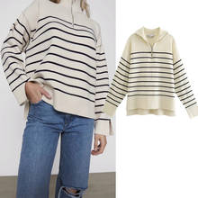 Za 2021 Spring Autumn Women High Collar Stripe Sweaters Pullovers Warm Minimalist Color Matching Knit Shirt Lady Zip Pullover 2024 - buy cheap