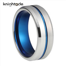 8mm cor azul anéis de carboneto de tungstênio centro sulco masculino feminino noivado jóias prateado escovado/polido conforto ajuste 2024 - compre barato