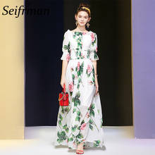 Seifrmann Women Summer Fashion Designer Holiday Long Dress Sexy Slash neck Ruffles Rose Floral Print Ladies Chiffon A-Line Dress 2024 - buy cheap