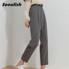 Seoulish 2021 New Minimalism Formal Women's Harem Pants with Belt Button High Waist Office Lady Ankle-Length Chic Trouses Pocket 2024 - buy cheap