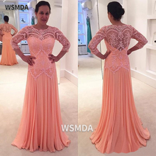 A-line Peach Lace Chiffon Long Mother of the Bride Dress Scoop Neck Zipper 3/4 Sleeves Formal Evening Gown 2024 - buy cheap