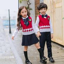 Униформа школьная для мальчиков и девочек, в британском стиле, с V-образным вырезом, свитер, жилет, униформа для детского сада, комплект одежды для начальной школы 2024 - купить недорого