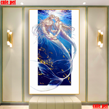 Casal de sereia redondo quadrado grande e completo, pintura diamante diy, ponto cruz, mosaico bordado 5d, decoração de casa, animal de estimação fofo 2024 - compre barato