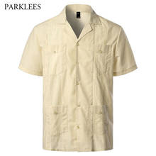 Camisas masculinas gola revere cubana acampamento guayabera camisa masculina cor sólida bordado casual botão para baixo praia respirável camisas xxl 2024 - compre barato