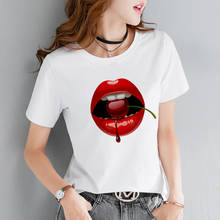 Camiseta feminina manga curta gola redonda, camiseta feminina estilo harajuku com estampa de lábios sexy, estilo coreano 2024 - compre barato