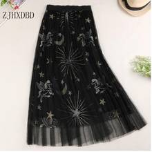 2020 Sweet Embroidered Pleated Tulle Skirt Women Summer A Line Long Skirts High Waist Sequined Planets Mesh Maxi Skirts Clothes 2024 - buy cheap