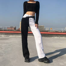 Fashion Black White Contrast Stitching Casual Straight Jeans Women Casual Ladies Wide Leg Pants Spliced Denim Pants Trousers 2024 - buy cheap