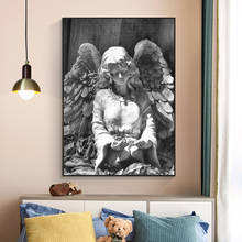 Pintura em tela preto e branco anjo estátua arte da parede posters e cópias asas de anjo escultura imagem na parede para sala estar 2024 - compre barato