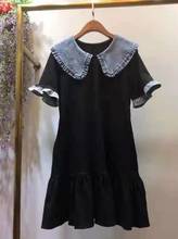 High Quality Cotton Dress 2021 Summer Style Women Denim Turn-down Collar Short Sleeve Ruffle Patchwork Short Sleeve Black Dress 2024 - buy cheap