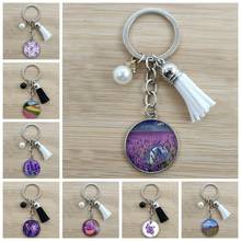 Purple Lavender Field Art Picture Keychain Romantic Flower Handmade Glass Crystal Pendant Charm Plant Keychain Llaveros 2024 - buy cheap