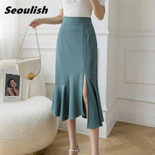 Seoulish 2021 New Summer Ruffles Women's Midi Skirts Fashion Korean Style High Waist Solid Color Side Split Fishtail Lady Skirt 2024 - buy cheap