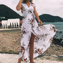 Verão longo vestido de praia impresso sexy v profundo floral chiffon maxi vestido frente dividir boêmio vestidos branco boho vestido da menina 2024 - compre barato