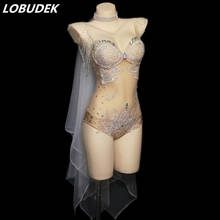 Silver Rhinestones Pearl Transparent Nude Sling Bodysuit Sexy Singer Dance Team DJ Show Costume Nightclub Bar Leotard Stage Wear 2024 - buy cheap