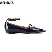 ASHIOFU Handmade Ladies Flats Shoes T-strap Blue Patent Leather Ballet Shoes Buckle Strap Fashion Evening Club Flats Court Shoes 2024 - buy cheap