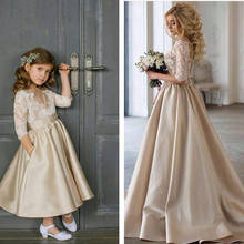 Golden Satin Flower Girl Dresses Floor Length Lace Applique Half sleeve Ball Gown For Wedding Kids Party Holy Communion Dresses 2024 - buy cheap