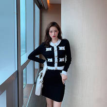 Autumn Runway Knitted 2 Piece Set Women Elegant Single-Breasted O Neck Tassel Sweater Top+ High Waist Button A Line Skirt Suit 2024 - buy cheap