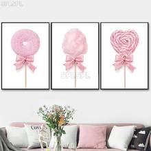 Nordic Posters and Prints Pink Cotton Candy Lollipop Donut Canvas Painting Wall Pictures for Girl Room Dessert Shop Decoration 2024 - buy cheap