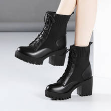 Plus Size 32-43 Square Heel Platform Boots Women Shoes Winter Fall 2022 High Heels Motorcycle Boots Leather Fur Ankle Boots 2024 - buy cheap