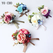 YO CHO Шелковая Роза украшение для свадьбы корсаж для мужчин бутоньерка Buttonhole браслет для подружки невесты булавка цветы на запястье корсаж Свадебные цветы 2024 - купить недорого
