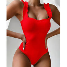 Цельный купальник, черный купальный костюм, женский бикини, красный, высокая талия, пляжный комплект, 2020, сексуальный, плиссированный, на плече, купальный костюм 2024 - купить недорого