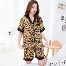 Mulheres De Seda Sexy Lingerie Pijiama Cetim Leopardo Calções de Manga Curta Pijama de Verão Vestido Coreano de Duas Peças Conjuntos de Pijama Sleepwear 2024 - compre barato