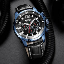 Часы MEGIR мужские наручные водонепроницаемые, роскошные светящиеся спортивные с хронографом, чёрные с кожаным ремешком 2024 - купить недорого