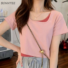 Camiseta feminina com decote o, blusa curta para mulheres, 4 cores, com retalhos, gola redonda, moda coreana 2024 - compre barato