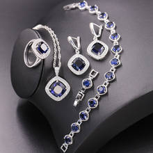 Conjunto de joyería brillante CZ azul cuadrado de Color plateado para mujer, pendientes, collar, anillo, pulsera con colgante, envío gratis 2024 - compra barato
