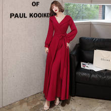 Full Sleeves Evening Dresses Burgundy V-neck Plus size A-line Floor-length Simple Bow Zipper Back Woman Formal Party Dress A108 2024 - купить недорого