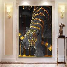 Pinturas abstratas de leão preto tigre, com cabelos listrados dourados, posteres e impressões, pinturas em tela, imagens de arte de parede para decoração de sala de estar 2024 - compre barato