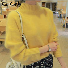 Karsany suéter feminino de gola alta fofo, inverno quente pulôver feminino de malha amarelo pulôver 2019 branco 2024 - compre barato