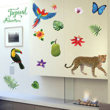 Adesivo de parede de leopardo, papagaio, borboleta, planta, folha, para decoração de casa, safari, mural artístico, diy, quarto de criança, decalque de parede 2024 - compre barato