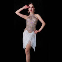 Серебристое сексуальное платье стразы без сна с бахромой для вечерние, сценические танцевальные костюмы, танцевальные костюмы для диджея, танцевальные костюмы для бара, женская одежда 2024 - купить недорого