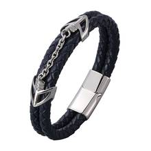 New Men Jewelry Double Blue Genuine Leather Handmade Bracelets Stainless Steel Magnetic Buckle Wristband for Male Gift SP1025 2024 - buy cheap