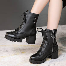 YMECHIC 2019 Winter Shoes Block Thick High Heels Ankle Women Boots Winter Lace Up Zipper Cross Tied Black Military Combat Boots 2024 - buy cheap