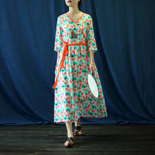 Johnature mulheres bandage vestidos com decote em v meia manga impressão floral ramie 2021 novo verão de alta qualidade feminino vestidos soltos do vintage 2024 - compre barato