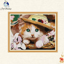 Joy sunday Lovely cat in the hat DIY Handmade Needlework Counted 14CT Printed Cross Stitch Embroidery Kit Set Home Decoration 2024 - buy cheap