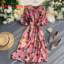 ALPHALMODA Holiday Dress 2019 New Autumn Half-sleeved V-neck High Waist Slim Women Sweet Floral Print Mid-calf Chiffon Dress 2024 - buy cheap