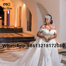 2021 Off Shoulder Wedding Dresses Long Appliques Lace Tulle Boho vestido de Bridal Gowns with Detachable Train 2024 - buy cheap