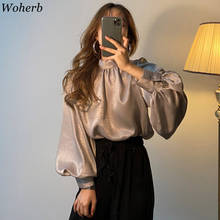 Camisa feminina casual woherb, blusa feminina de cetim com manga bufante longa e de seda coreana 2024 - compre barato
