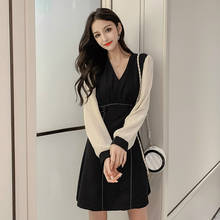 Vestido feminino, corpete coreano para outono e inverno, contraste, colado, preto, mini vestido, outono, tamanho grande, 2019 2024 - compre barato