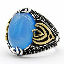 Anel de pedra de ágata azul grande para homens, 925 prata esterlina mão de deus, vintage, anéis masculinos, joias punk turcas artesanais, presente 2024 - compre barato