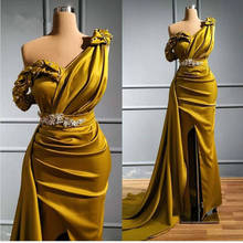 Imagem real elegante ouro sereia vestidos de noite sexy lado split longo vestidos de baile com babados vestido de festa de cristal 2024 - compre barato